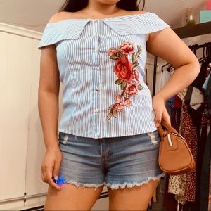 Striped Blue Open Shoulder Button Rose Blouse